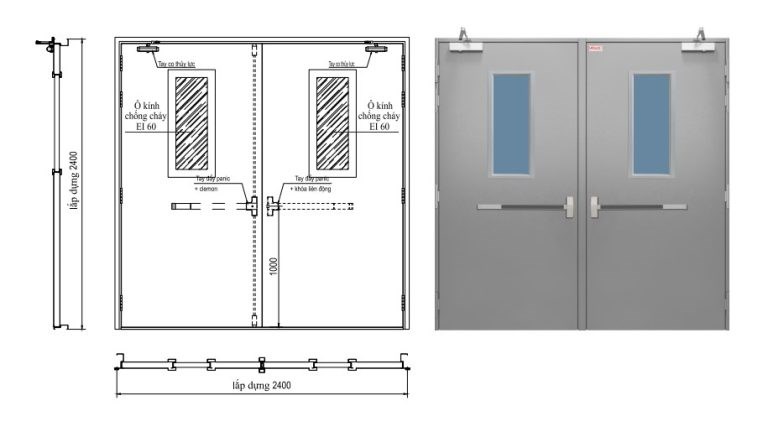 Cửa Thép Chống Cháy 2 Cánh EI60 – Cửa Thoát Hiểm 2 Cánh Thanh Đẩy Pannic