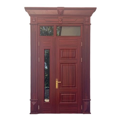 Cửa Thép Vân Gỗ 2 Cánh Lệch phào đại Ô thoáng Kính