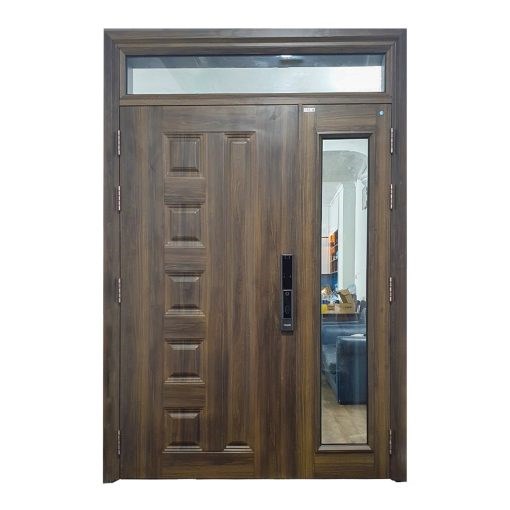 Cửa Thép Vân Gỗ 2 Cánh Lệch Ô thoáng Kính
