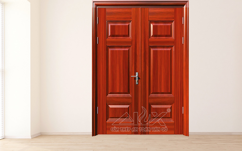 Hình Ảnh Cửa Thép Vân Gỗ 2 Cánh Cân A22.1