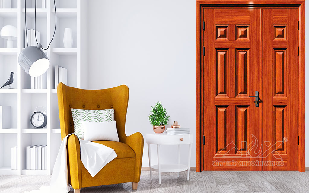 Hình Ảnh Cửa Thép Vân Gỗ 2 Cánh Lệch A21.5NC