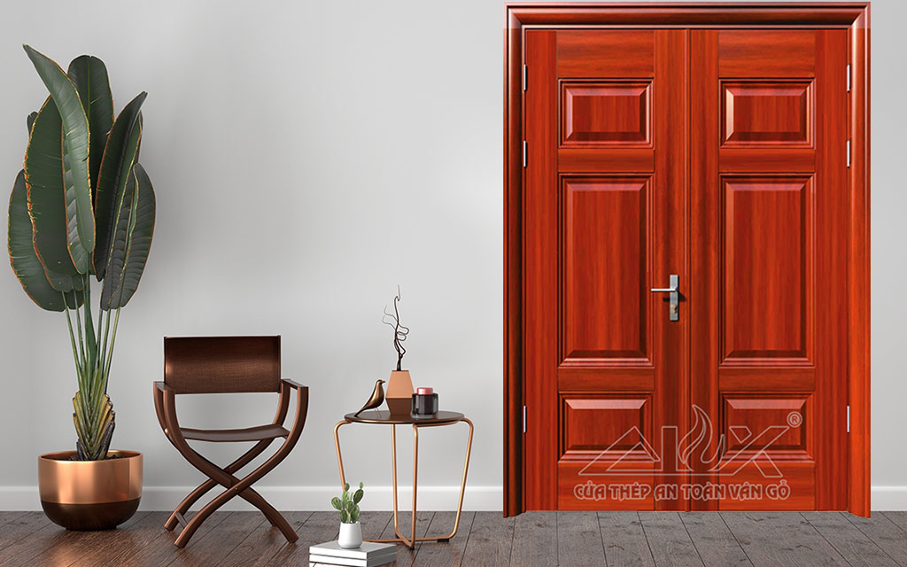 Hình Ảnh Cửa Thép Vân Gỗ 2 Cánh Cân A22.1