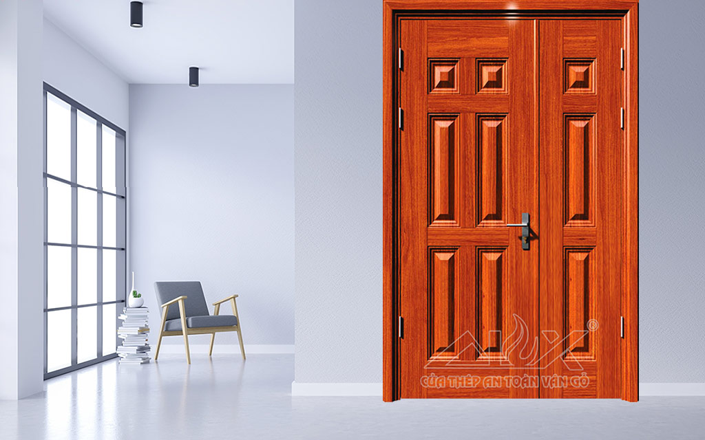 Hình Ảnh Cửa Thép Vân Gỗ 2 Cánh Lệch A21.8