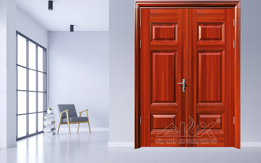 Hình Ảnh Cửa Thép Vân Gỗ 2 Cánh Cân A22.1
