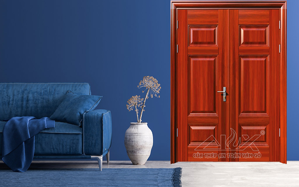 Hình Ảnh Cửa Thép Vân Gỗ 2 Cánh Cân A22.1